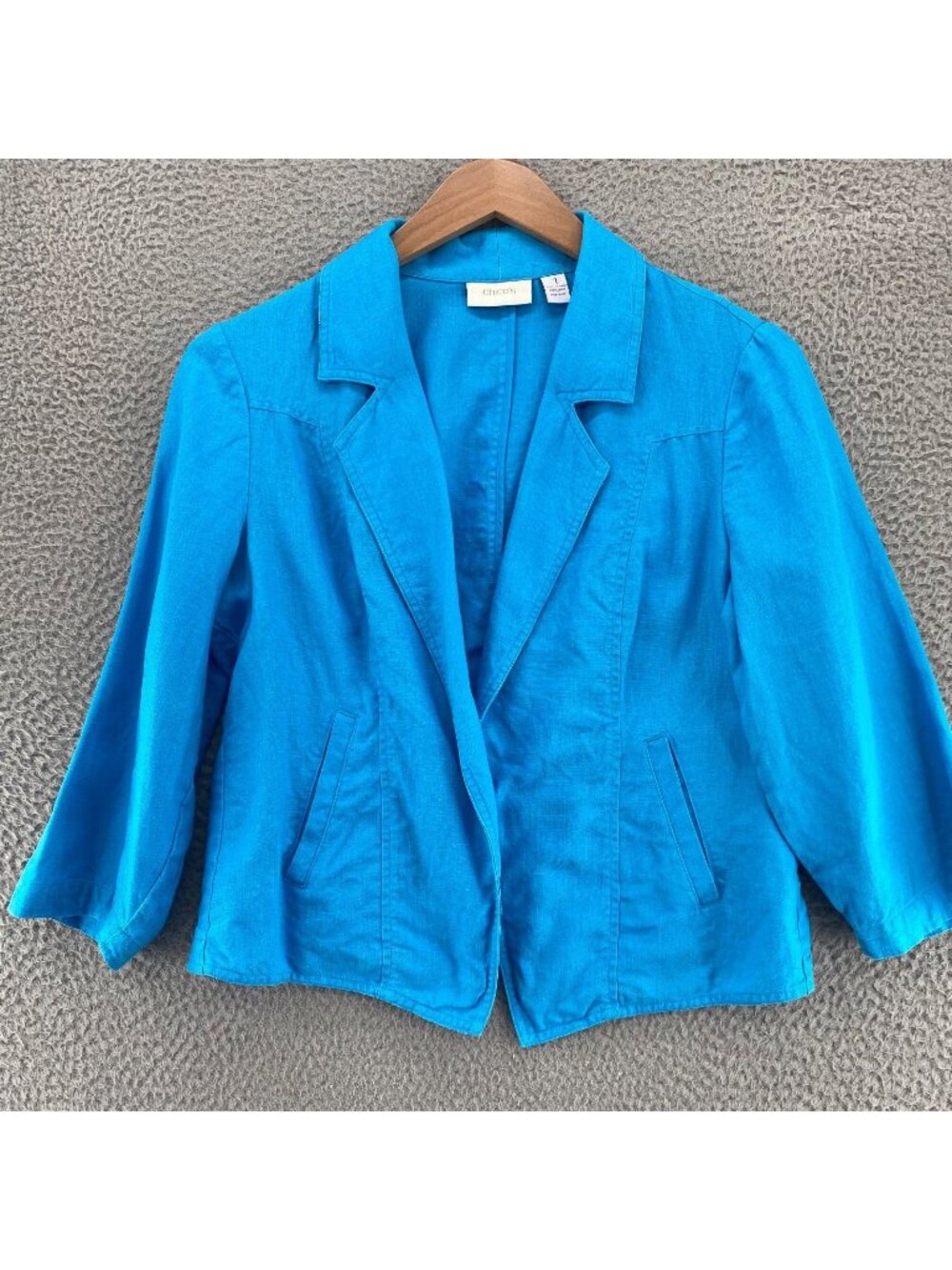 Chicos Jacket Womens 1 US Medium Blue Linen Notch Lapel Blazer 3/4 Sleeve Pocket